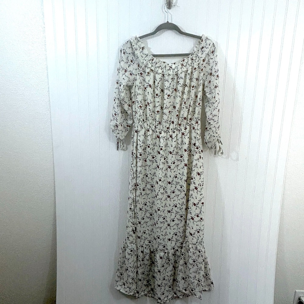 Sugar Lips BOHO Dress Size M Cream Multi Peasant Flowy Tie Sleeve Off Shoulder - Picture 2 of 11